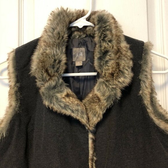 J. Jill Vest Women’s XS Charcoal Grey Faux Fur Trim Metal Buttons Flawed - Picture 2 of 9